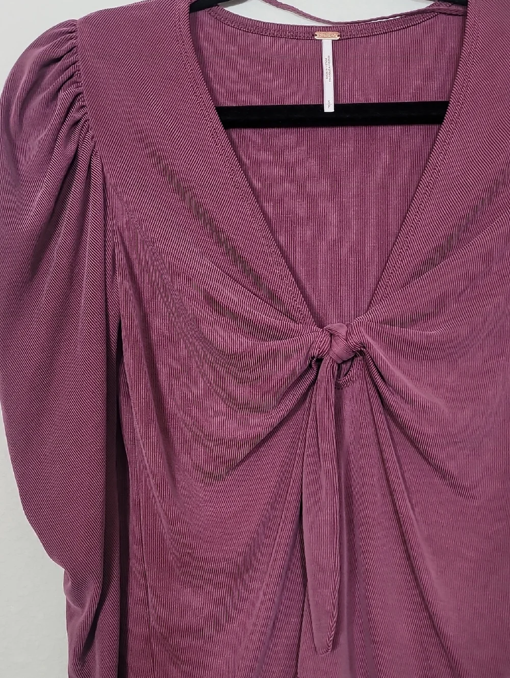 Free People Tie The Knot Top Size S Maroon Puff Sleeve Front Tie OB1054017 Boho